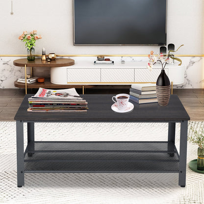 Metal Frame Wood Coffee Table Console Table with Storage Shelf, Black - Gallery Canada
