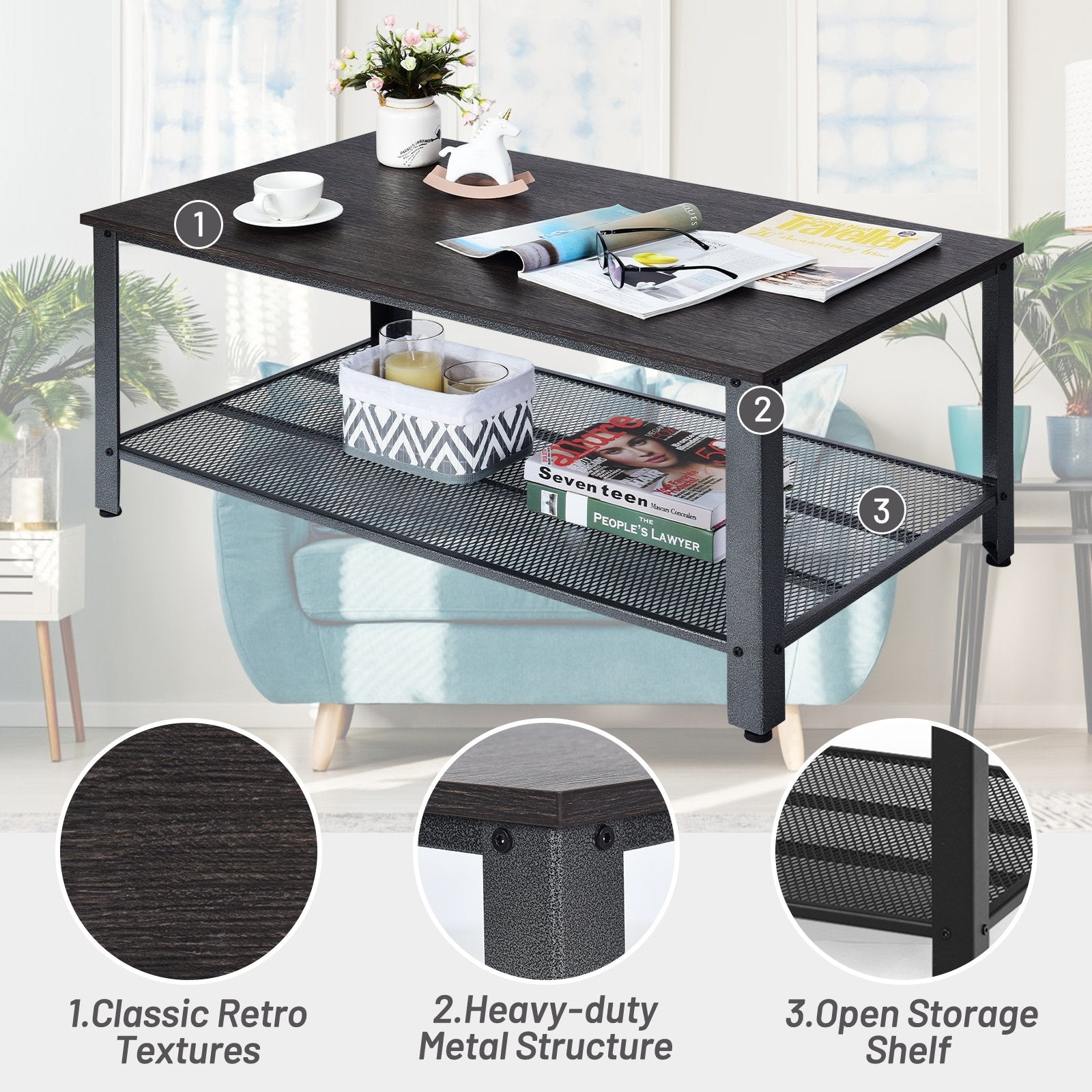 Metal Frame Wood Coffee Table Console Table with Storage Shelf, Black - Gallery Canada