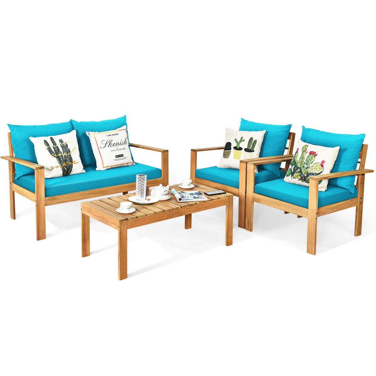 4 Pieces Patio Acacia Wood Thick Cushion Loveseat Sofa Set, Turquoise Patio Conversation Sets   at Gallery Canada