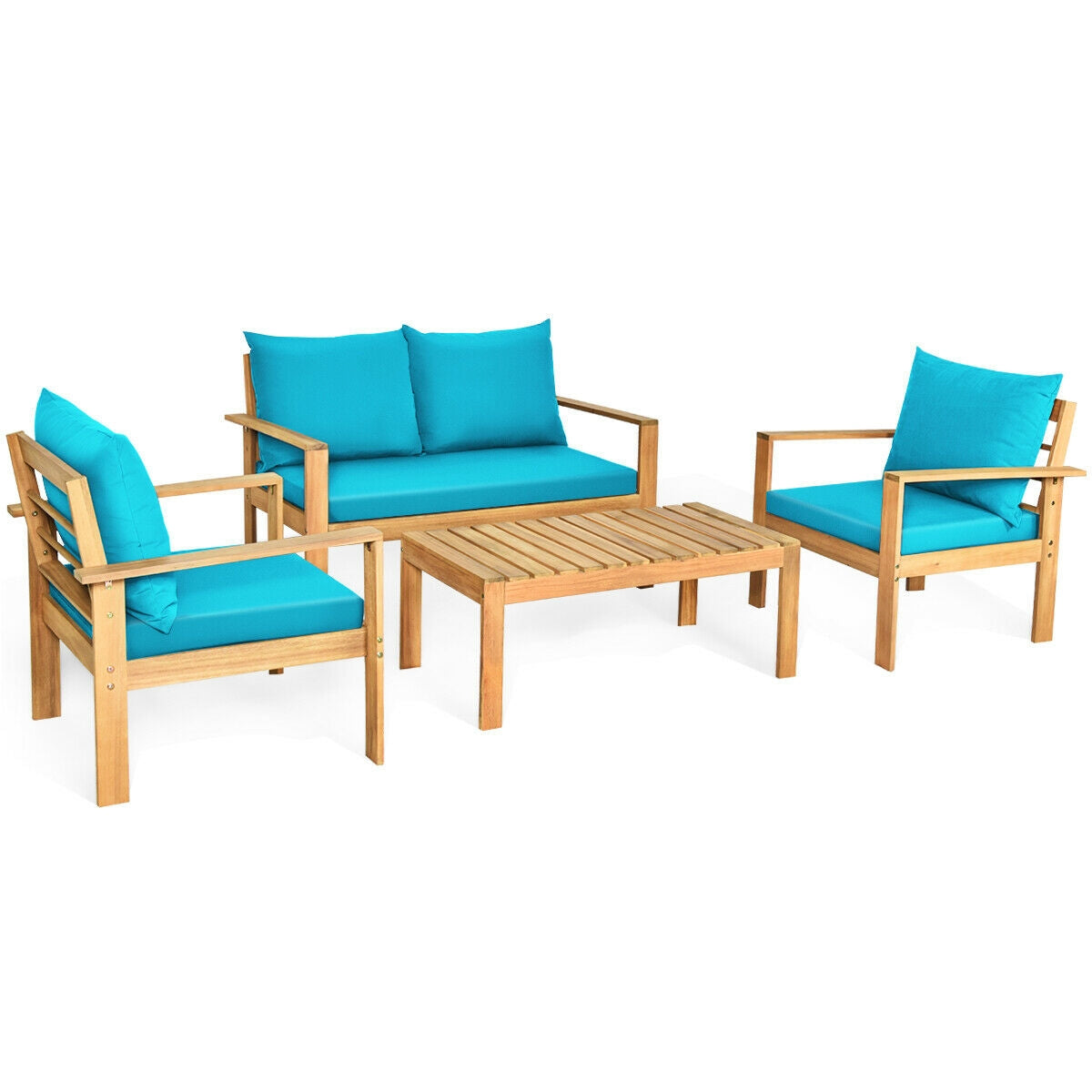 4 Pieces Patio Acacia Wood Thick Cushion Loveseat Sofa Set, Turquoise Patio Conversation Sets Turquoise  at Gallery Canada