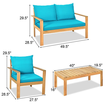 4 Pieces Patio Acacia Wood Thick Cushion Loveseat Sofa Set, Turquoise Patio Conversation Sets   at Gallery Canada