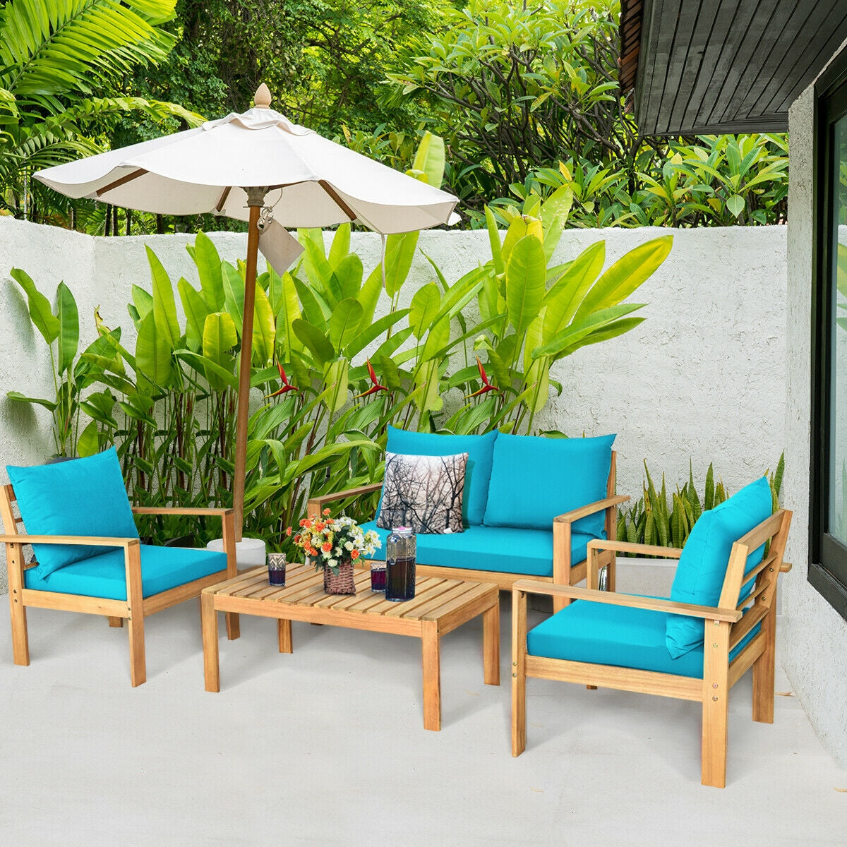 4 Pieces Patio Acacia Wood Thick Cushion Loveseat Sofa Set, Turquoise Patio Conversation Sets   at Gallery Canada