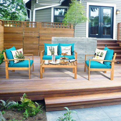 4 Pieces Patio Acacia Wood Thick Cushion Loveseat Sofa Set, Turquoise Patio Conversation Sets   at Gallery Canada