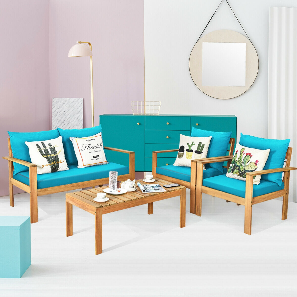 4 Pieces Patio Acacia Wood Thick Cushion Loveseat Sofa Set, Turquoise Patio Conversation Sets   at Gallery Canada