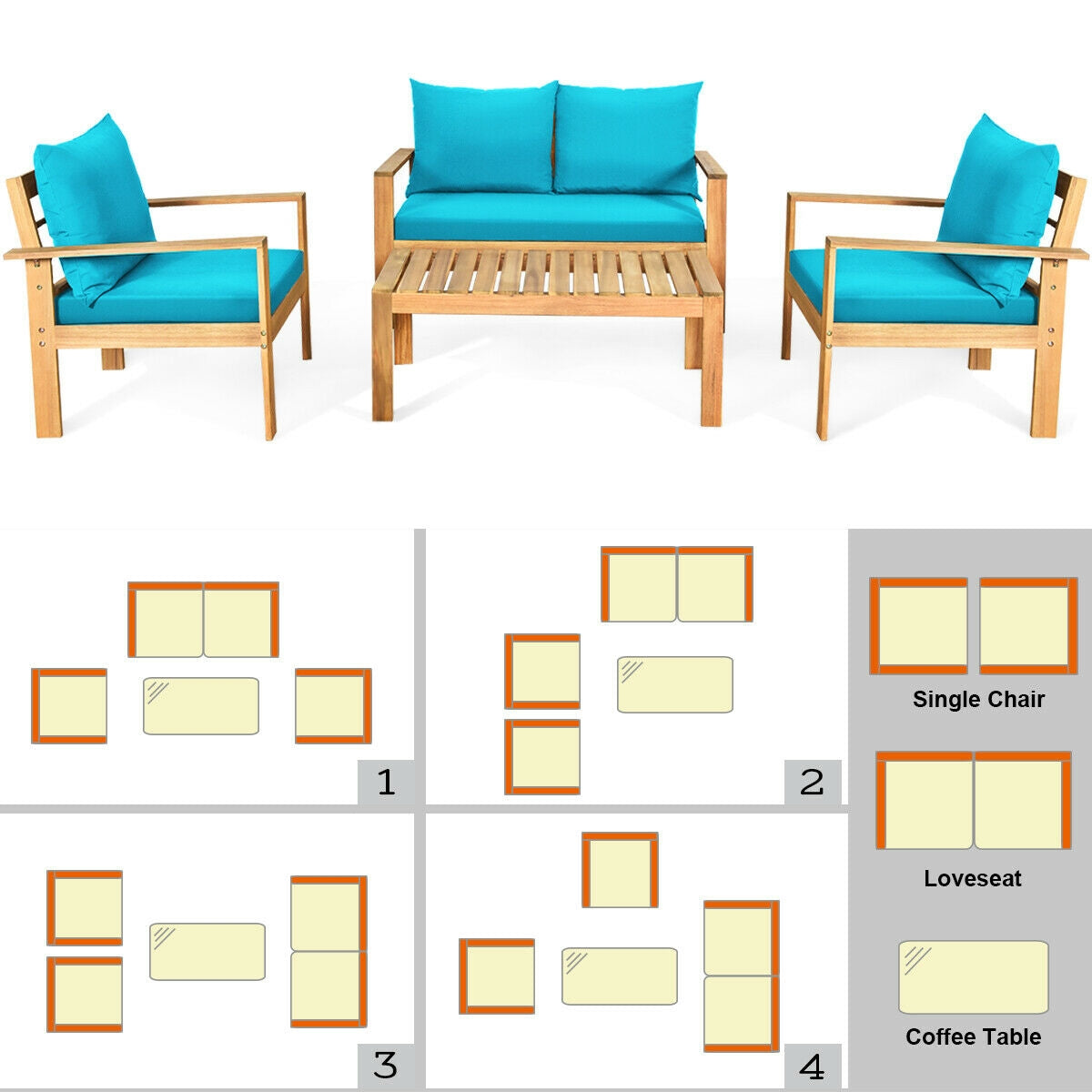 4 Pieces Patio Acacia Wood Thick Cushion Loveseat Sofa Set, Turquoise Patio Conversation Sets   at Gallery Canada