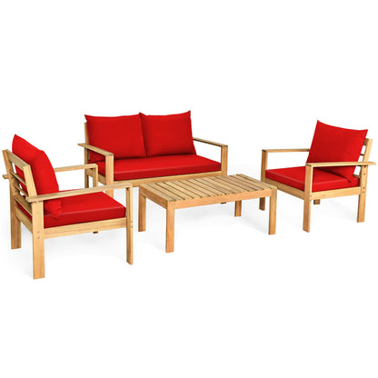 4 Pieces Patio Acacia Wood Thick Cushion Loveseat Sofa Set, Red Patio Conversation Sets Red  at Gallery Canada