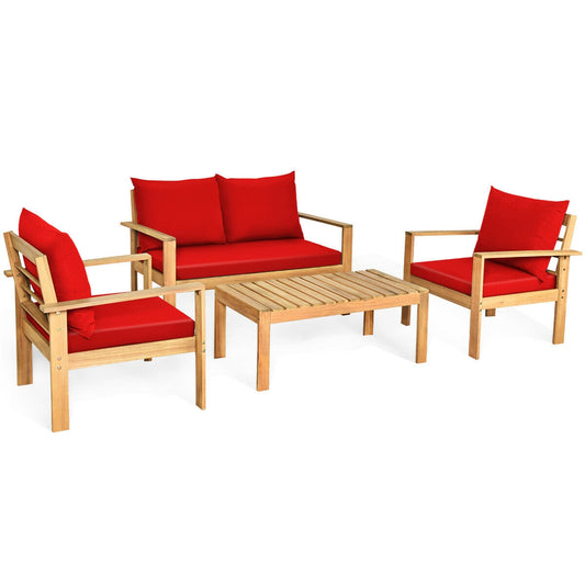 4 Pieces Patio Acacia Wood Thick Cushion Loveseat Sofa Set, Red Patio Conversation Sets Red  at Gallery Canada