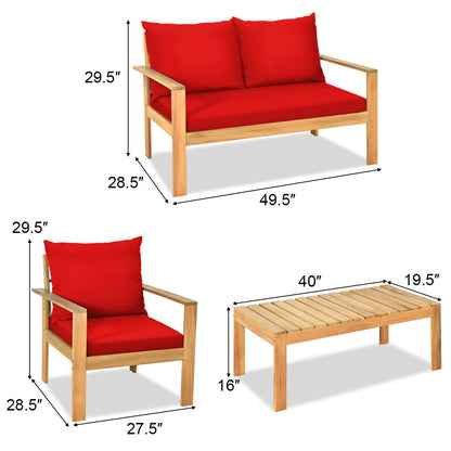 4 Pieces Patio Acacia Wood Thick Cushion Loveseat Sofa Set, Red Patio Conversation Sets   at Gallery Canada