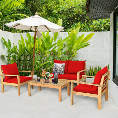 4 Pieces Patio Acacia Wood Thick Cushion Loveseat Sofa Set, Red Patio Conversation Sets   at Gallery Canada