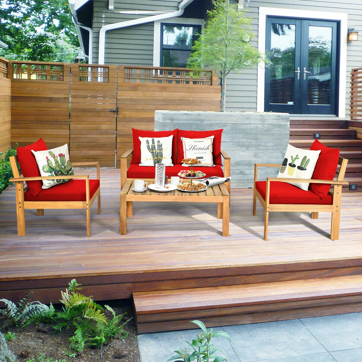 4 Pieces Patio Acacia Wood Thick Cushion Loveseat Sofa Set, Red Patio Conversation Sets   at Gallery Canada