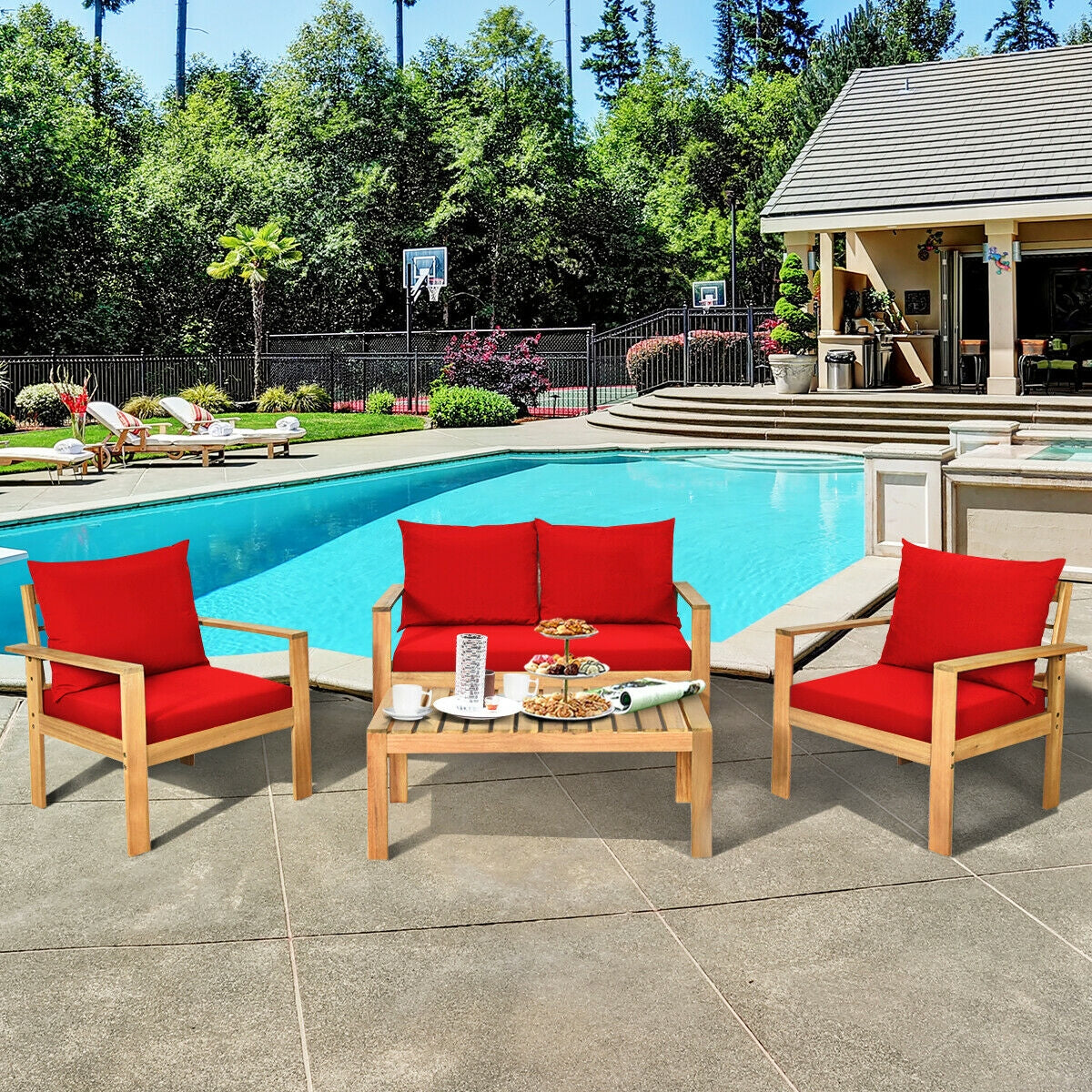 4 Pieces Patio Acacia Wood Thick Cushion Loveseat Sofa Set, Red Patio Conversation Sets   at Gallery Canada