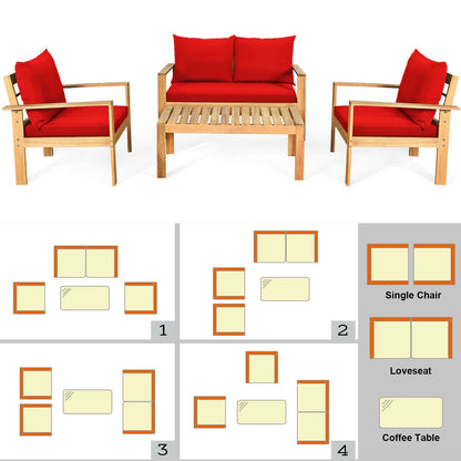 4 Pieces Patio Acacia Wood Thick Cushion Loveseat Sofa Set, Red Patio Conversation Sets   at Gallery Canada