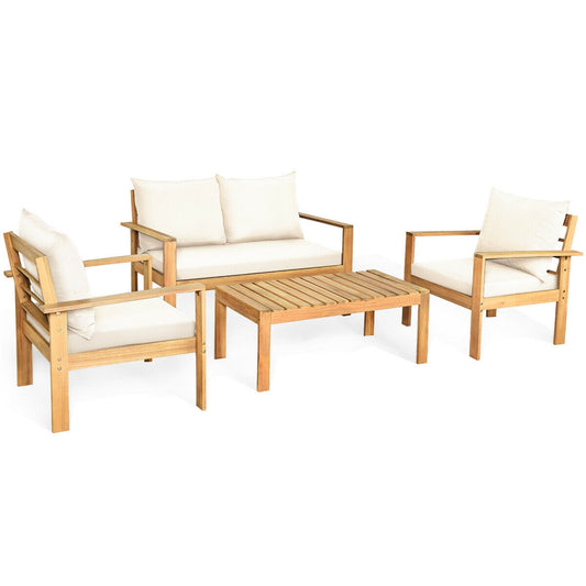 4 Pieces Patio Acacia Wood Thick Cushion Loveseat Sofa Set, White Patio Conversation Sets White  at Gallery Canada