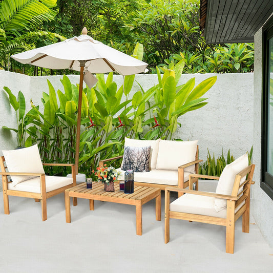 4 Pieces Patio Acacia Wood Thick Cushion Loveseat Sofa Set, White Patio Conversation Sets White  at Gallery Canada