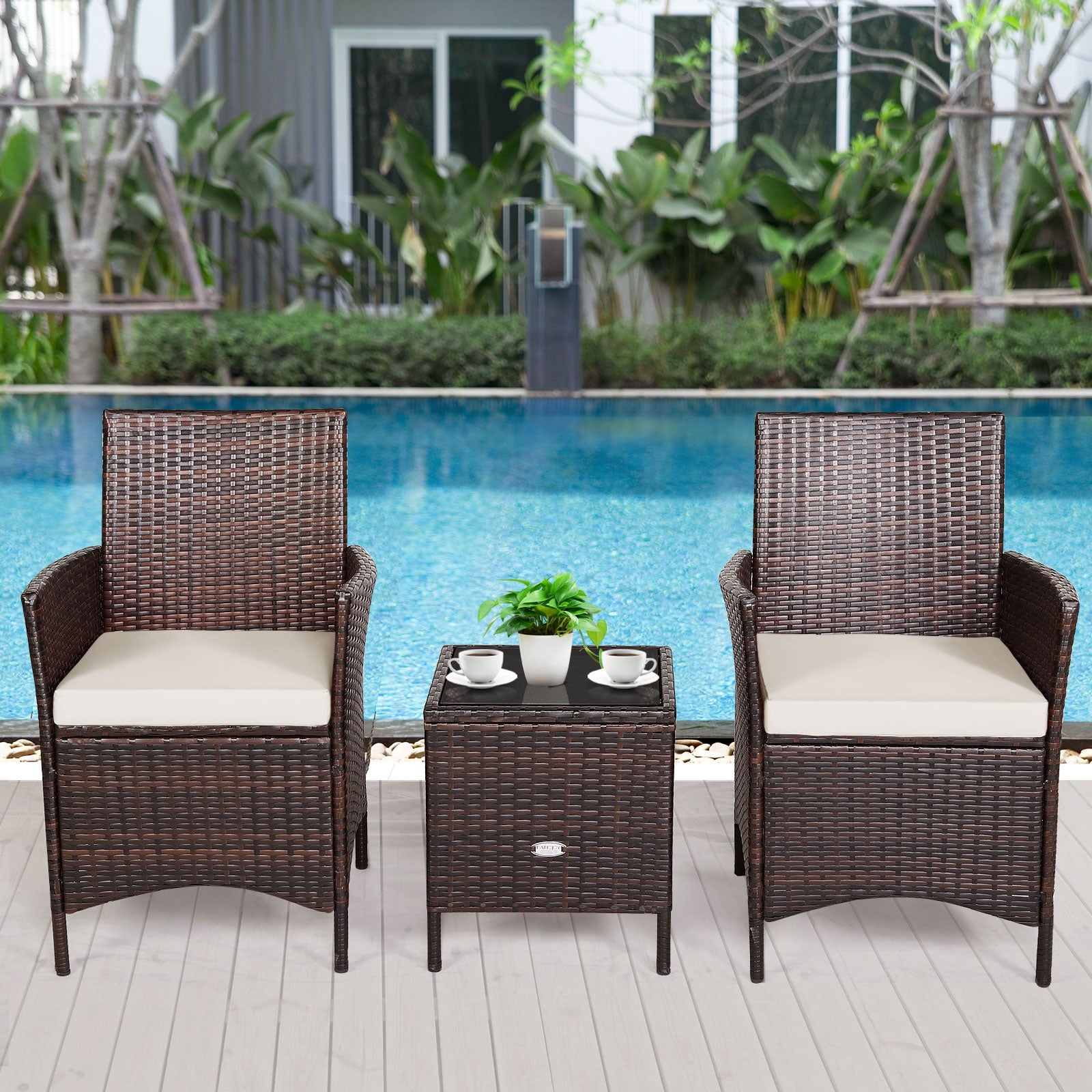 3 Pcs Patio Rattan Furniture Set Cushioned Sofa and Glass Tabletop Deck, White Patio Conversation Sets   at Gallery Canada