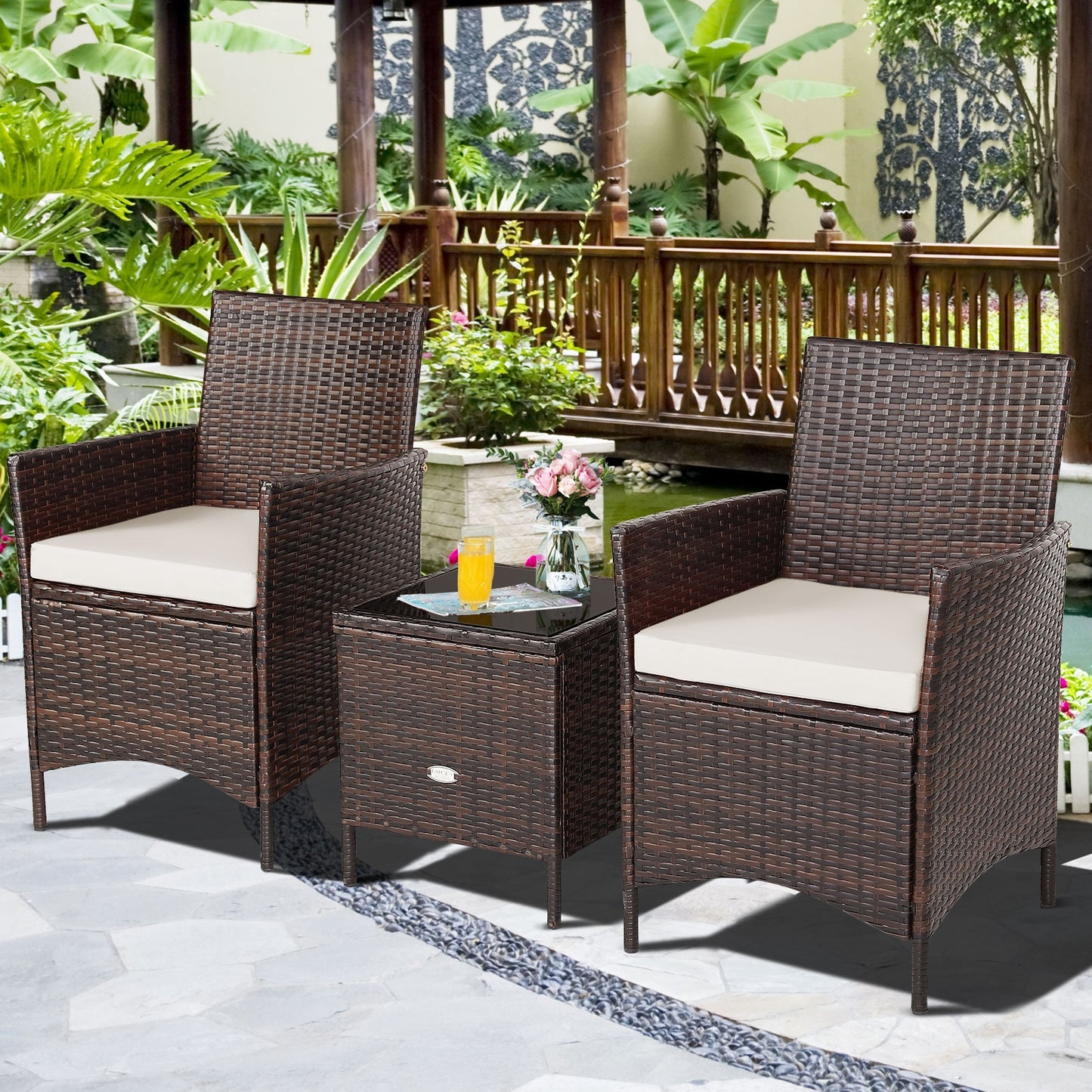 3 Pcs Patio Rattan Furniture Set Cushioned Sofa and Glass Tabletop Deck, White Patio Conversation Sets   at Gallery Canada