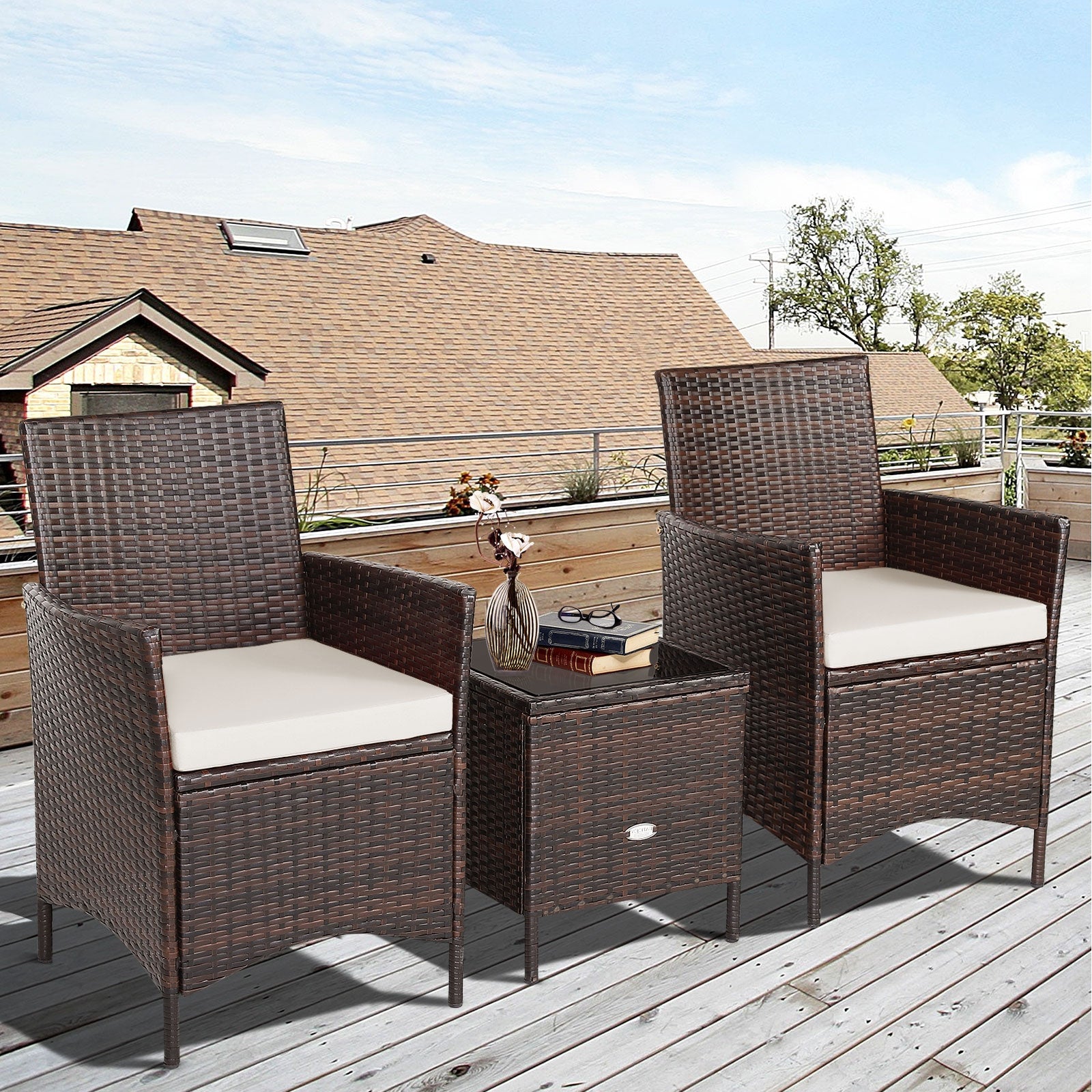 3 Pcs Patio Rattan Furniture Set Cushioned Sofa and Glass Tabletop Deck, White Patio Conversation Sets   at Gallery Canada