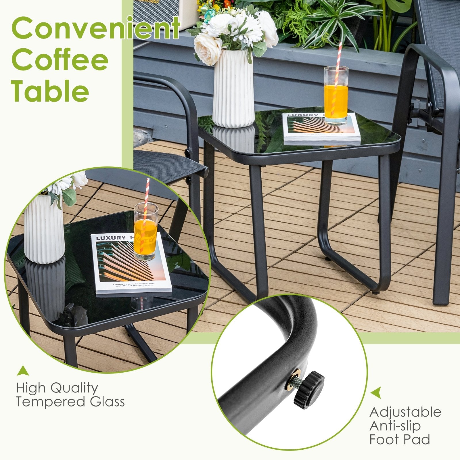 3 Pieces Patio Bistro Furniture Set with Adjustable Backrest, Black Patio Conversation Sets   at Gallery Canada