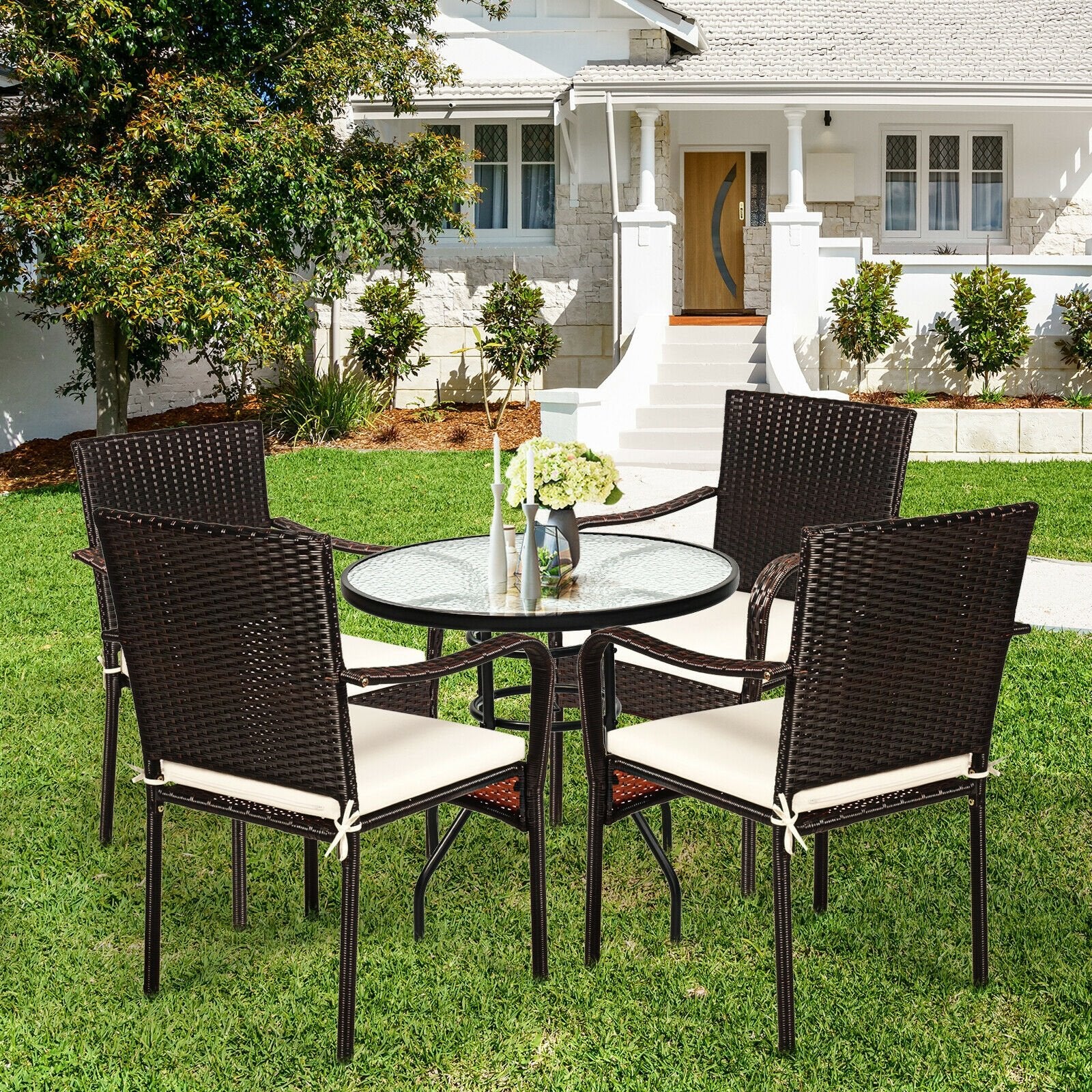 Set of 4 Patio Rattan Stackable Dining Chair with Cushioned Armrest for Garden, Light Brown Patio Dining Chairs   at Gallery Canada