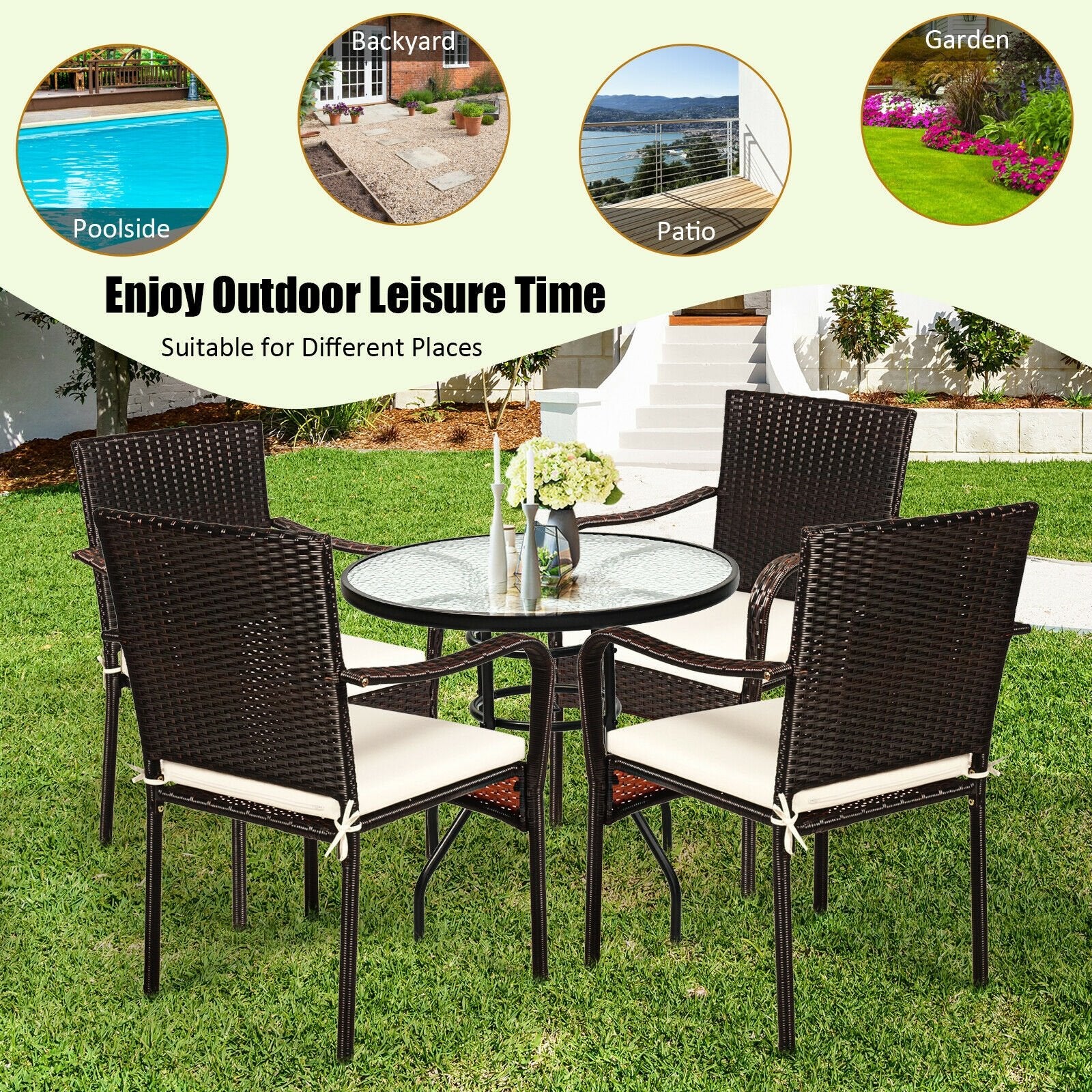 Set of 4 Patio Rattan Stackable Dining Chair with Cushioned Armrest for Garden, Light Brown Patio Dining Chairs   at Gallery Canada