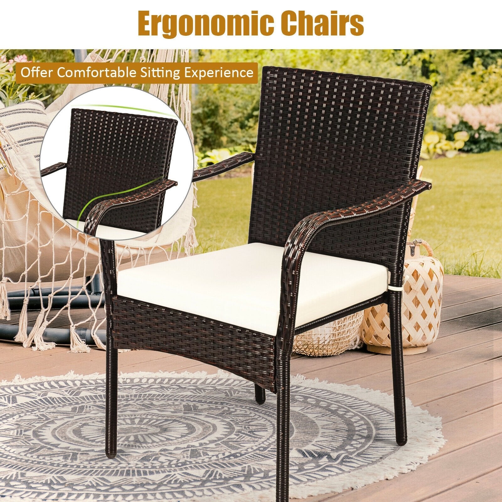 Set of 4 Patio Rattan Stackable Dining Chair with Cushioned Armrest for Garden, Light Brown Patio Dining Chairs   at Gallery Canada