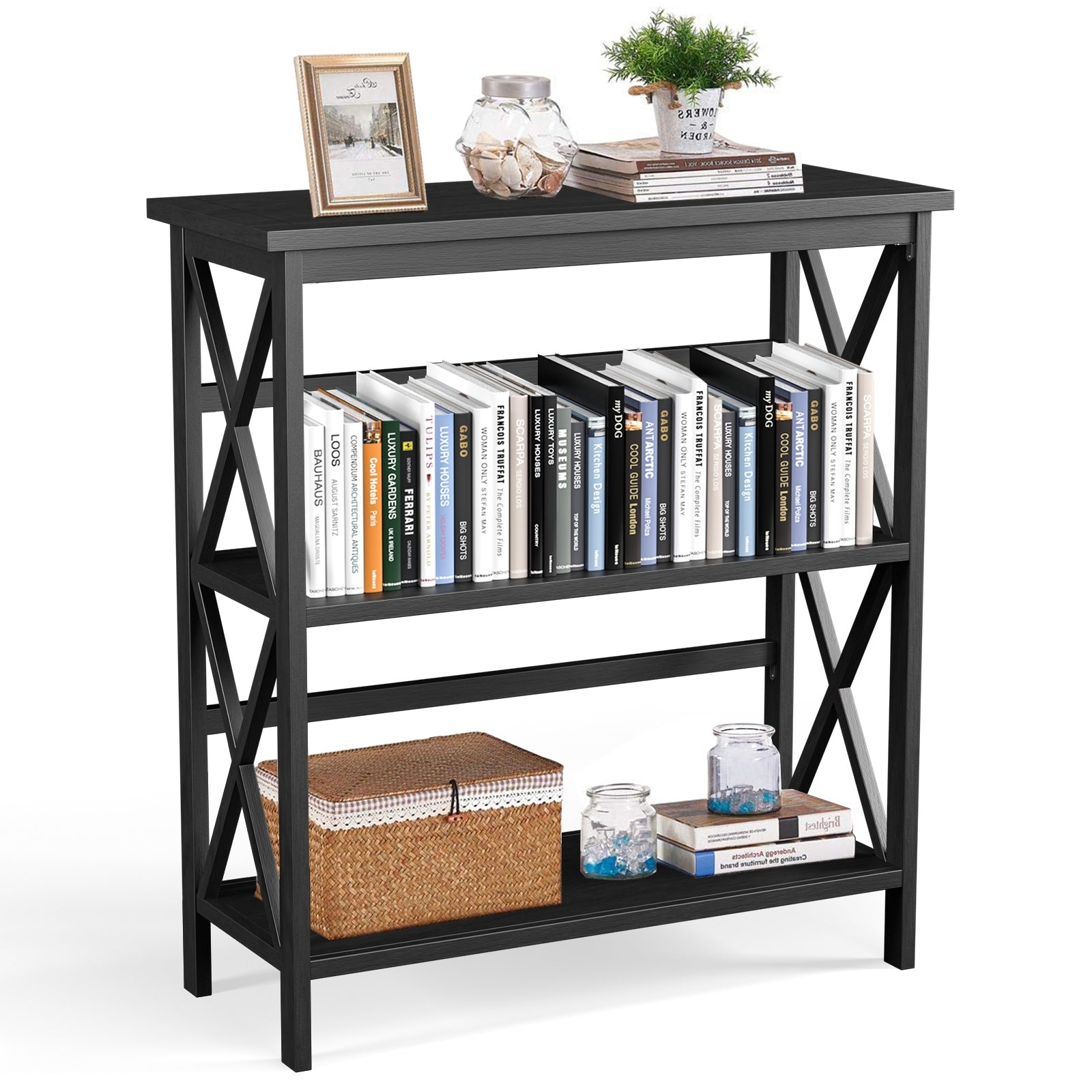 3-Tier Multi-Functional Storage Shelf Units Wooden Open Bookcase and Bookshelf, Black Bookcases   at Gallery Canada