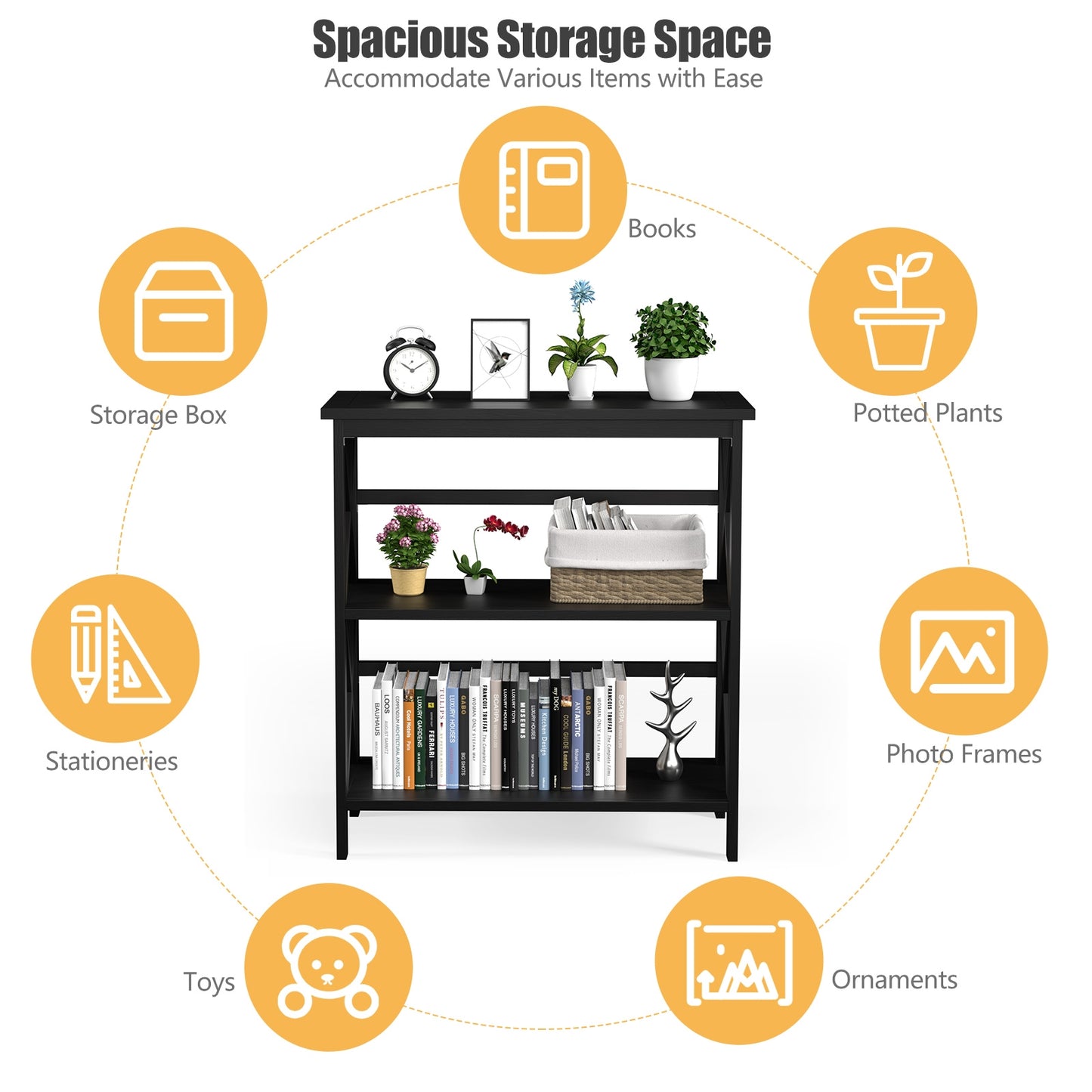 3-Tier Multi-Functional Storage Shelf Units Wooden Open Bookcase and Bookshelf, Black Bookcases   at Gallery Canada