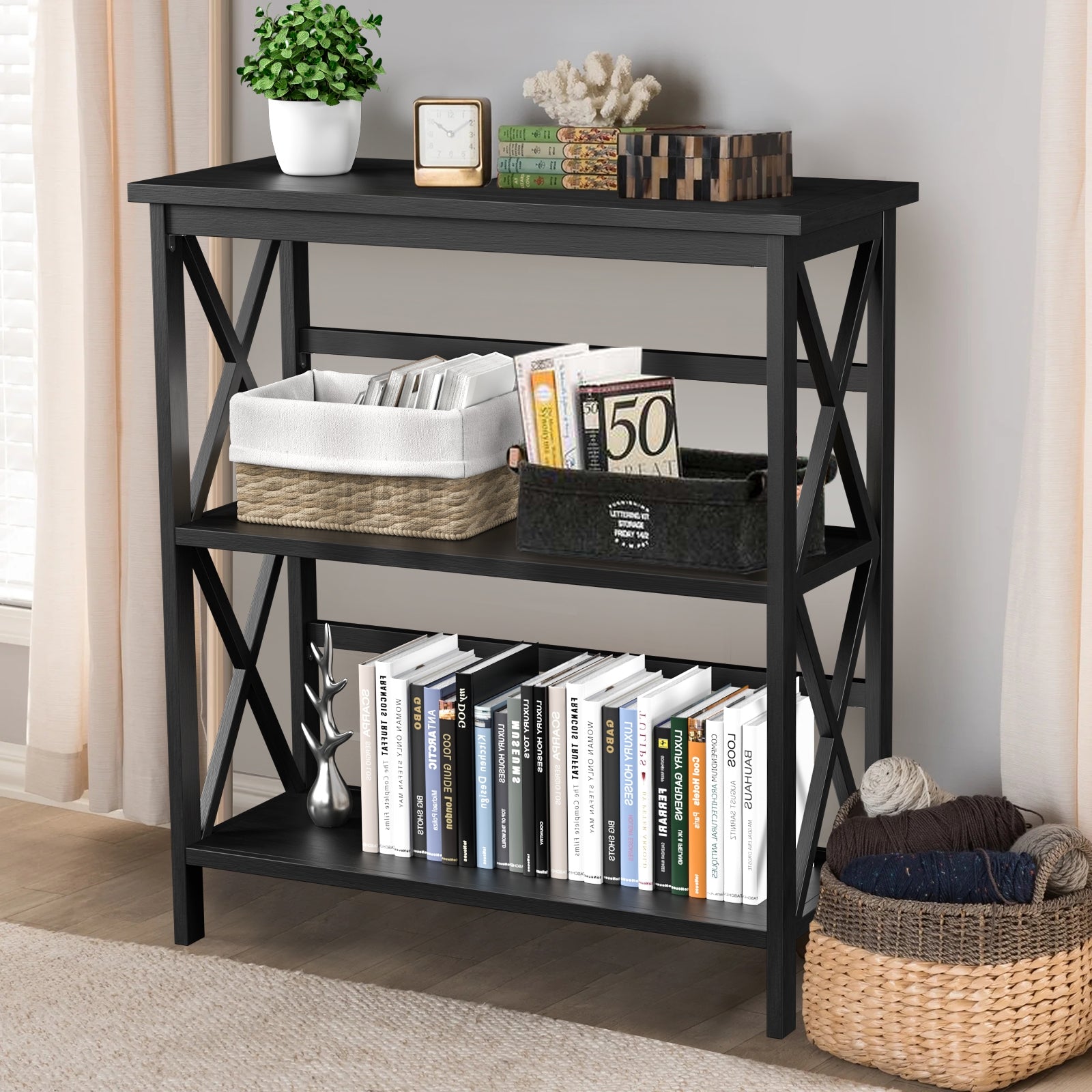 3-Tier Multi-Functional Storage Shelf Units Wooden Open Bookcase and Bookshelf, Black Bookcases   at Gallery Canada