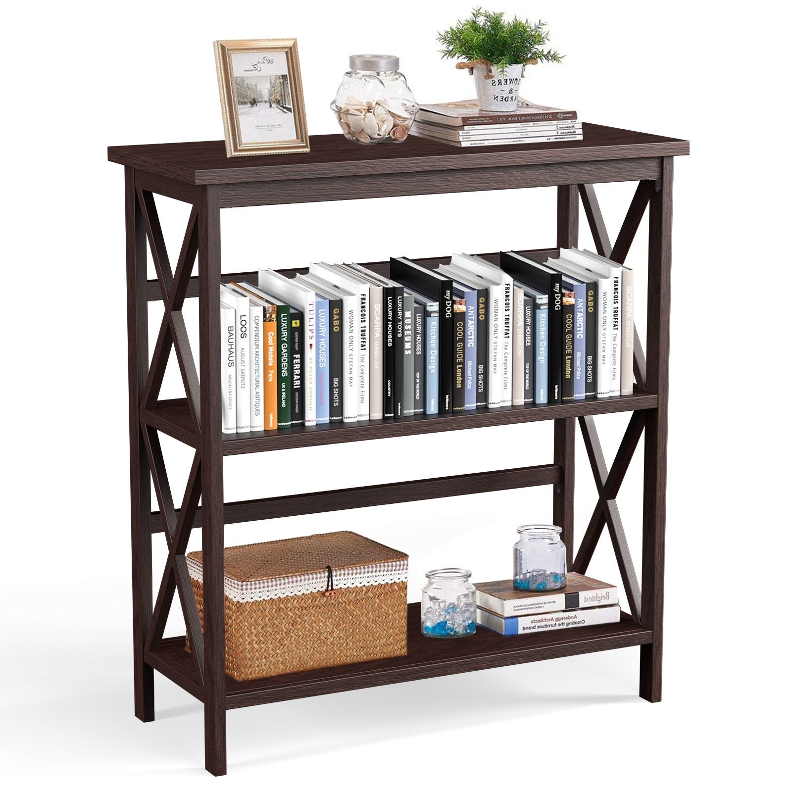 3-Tier Multi-Functional Storage Shelf Units Wooden Open Bookcase and Bookshelf, Dark Brown - Gallery Canada