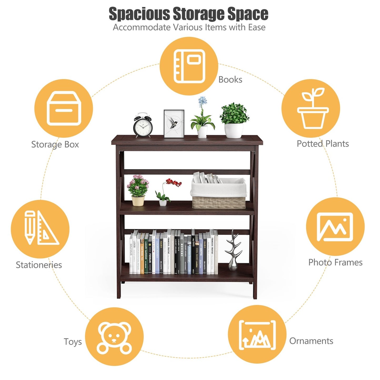 3-Tier Multi-Functional Storage Shelf Units Wooden Open Bookcase and Bookshelf, Dark Brown - Gallery Canada