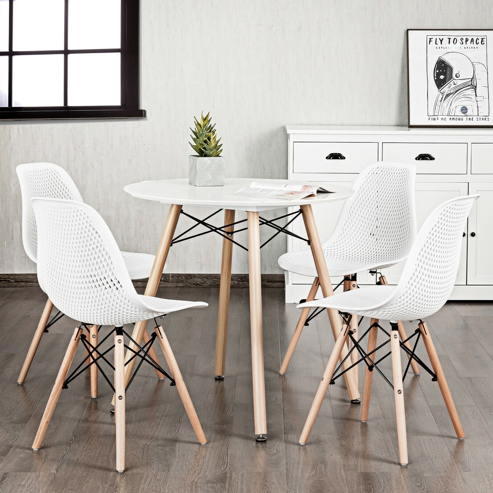 4 Pieces Modern Plastic Hollow Chair Set with Wood Leg, White Dining Chairs   at Gallery Canada