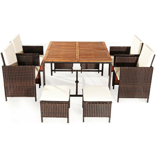 9 Pieces Patio Rattan Dining Cushioned Chairs Set, White