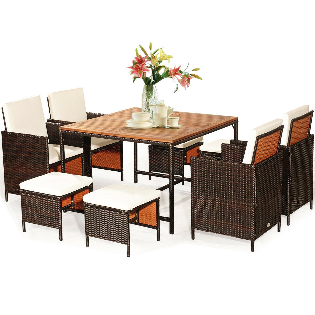 9 Pieces Patio Rattan Dining Cushioned Chairs Set, White Patio Dining Sets   at Gallery Canada