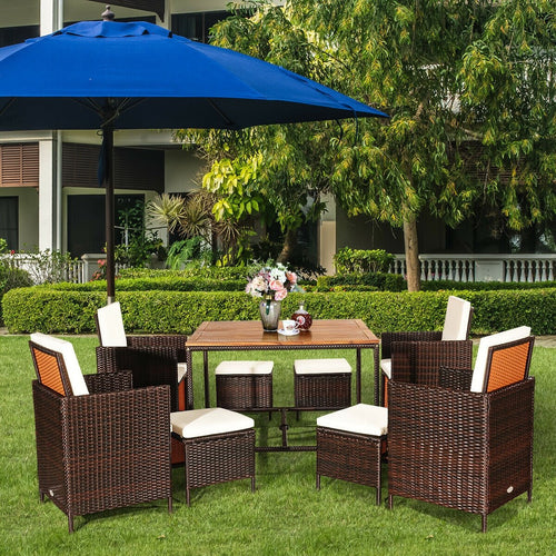 9 Pieces Patio Rattan Dining Cushioned Chairs Set, White