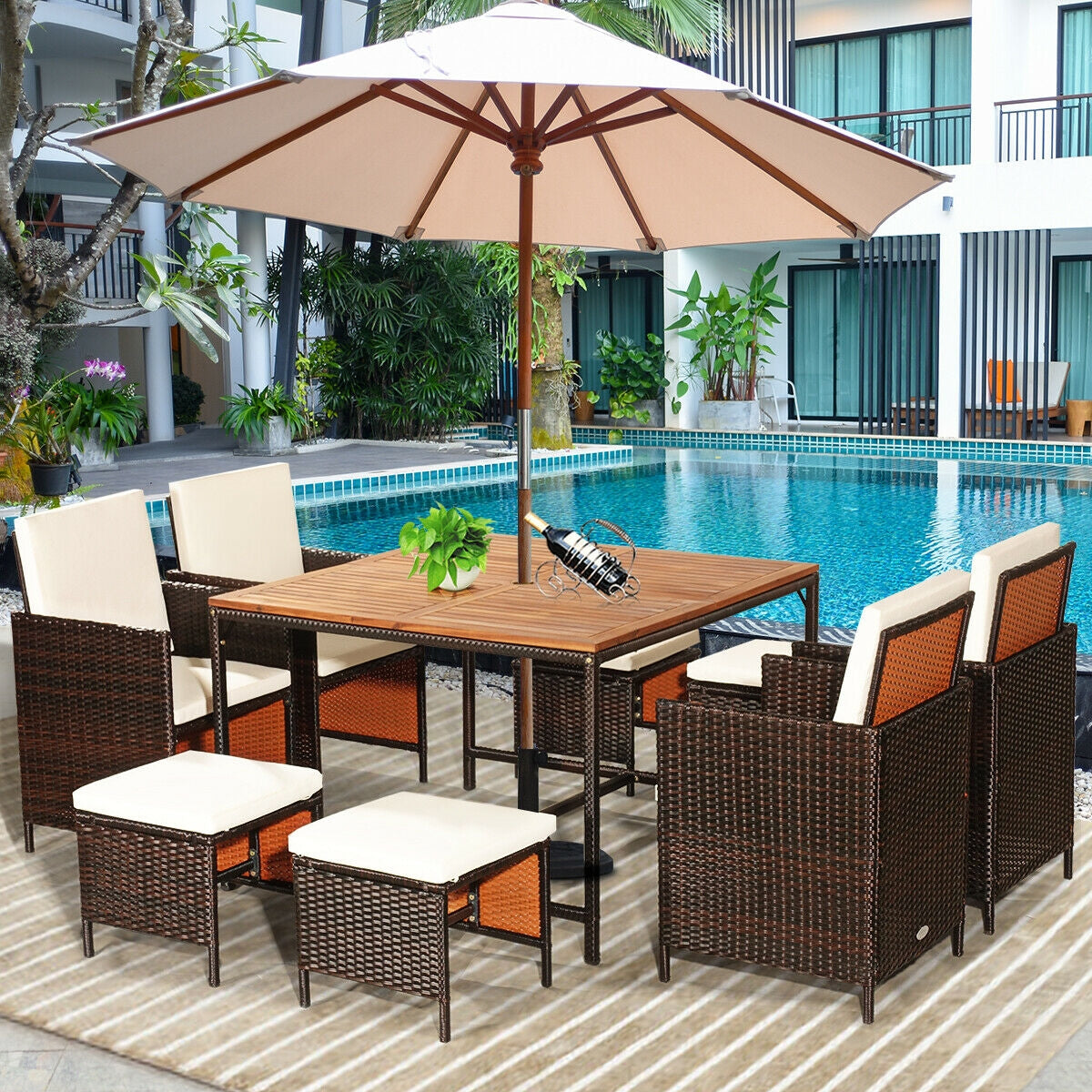 9 Pieces Patio Rattan Dining Cushioned Chairs Set, White Patio Dining Sets   at Gallery Canada