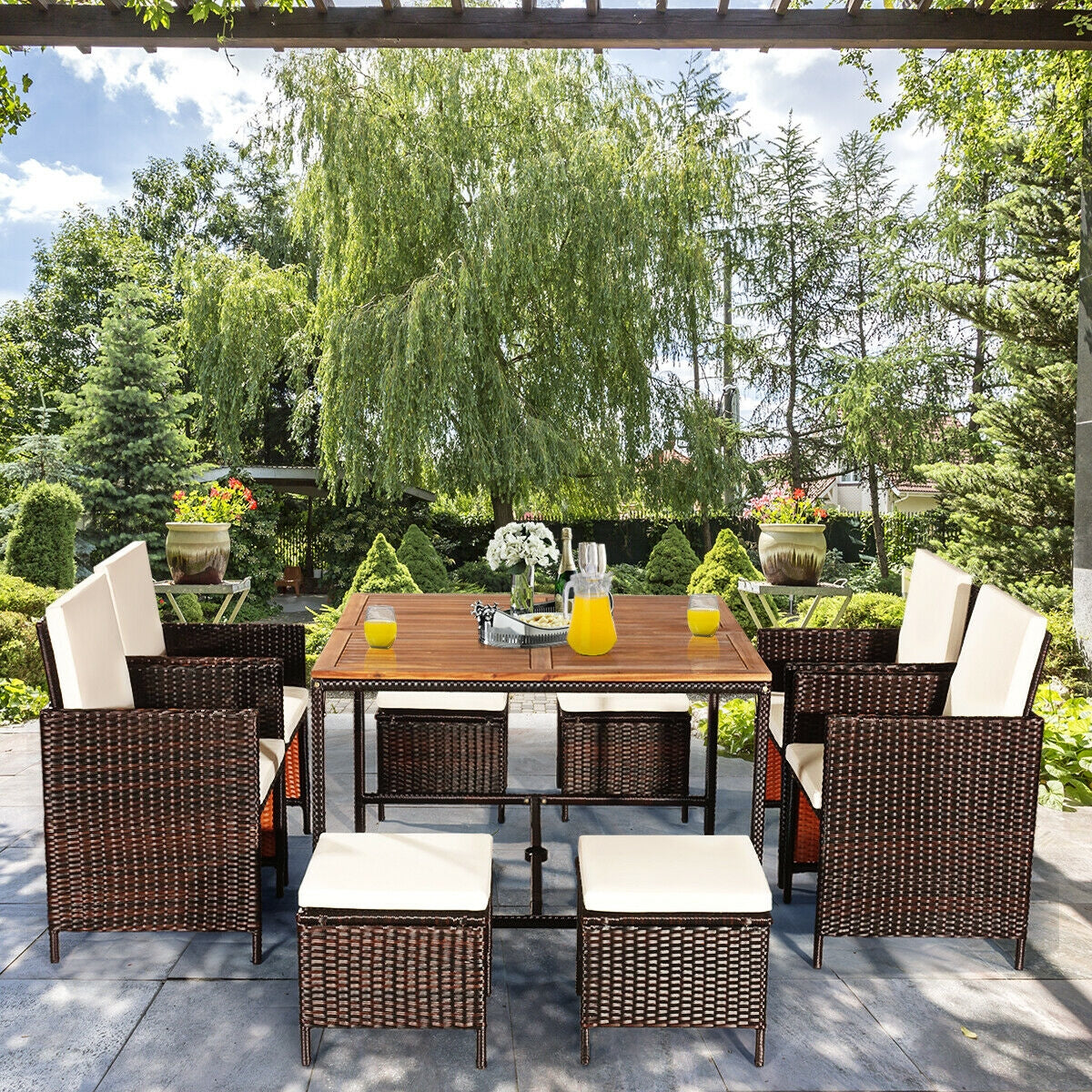 9 Pieces Patio Rattan Dining Cushioned Chairs Set, White Patio Dining Sets   at Gallery Canada