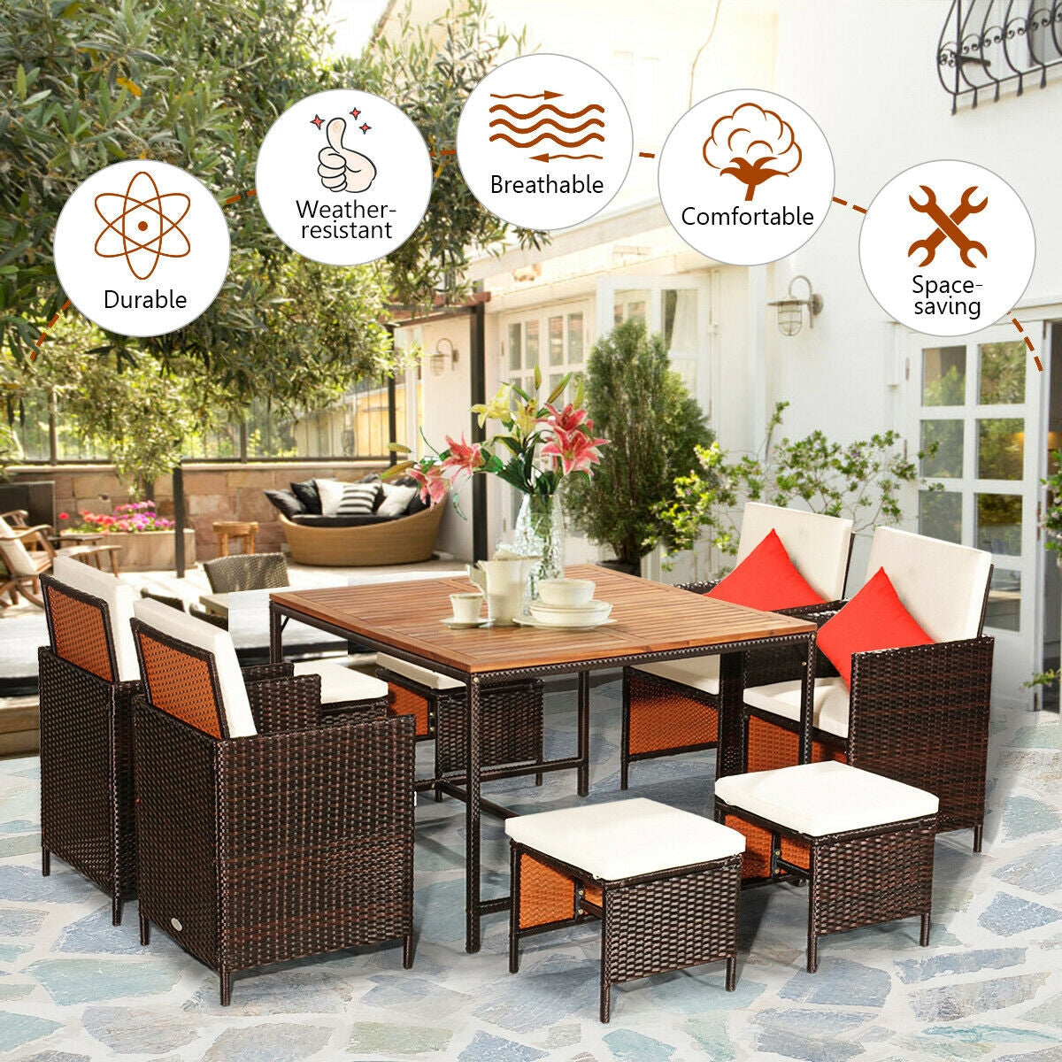 9 Pieces Patio Rattan Dining Cushioned Chairs Set, White Patio Dining Sets   at Gallery Canada