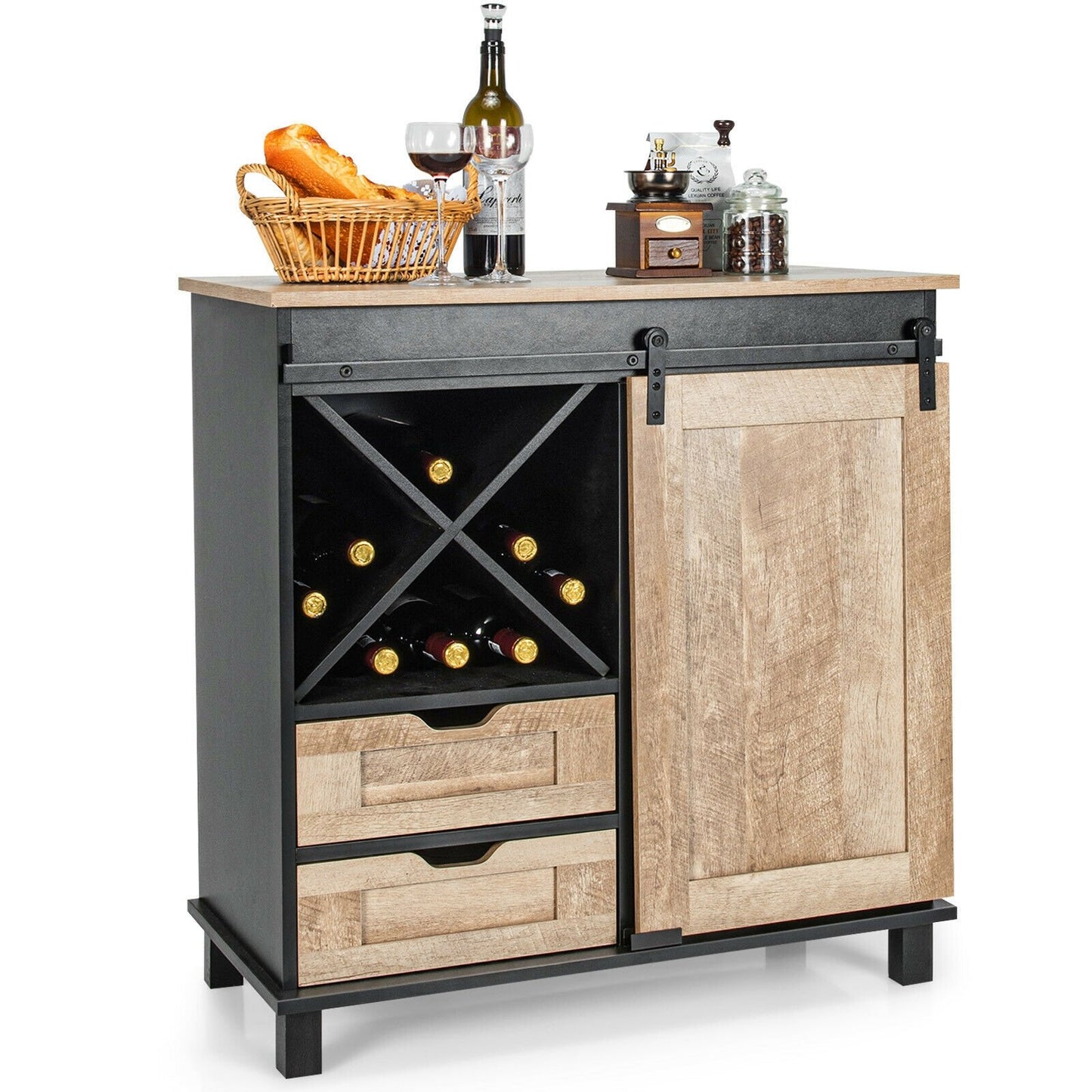 Kitchen Buffet Sideboard with Sliding Barn Door 2 Drawers and Wine Rack, Natural Sideboards Cabinets & Buffets   at Gallery Canada