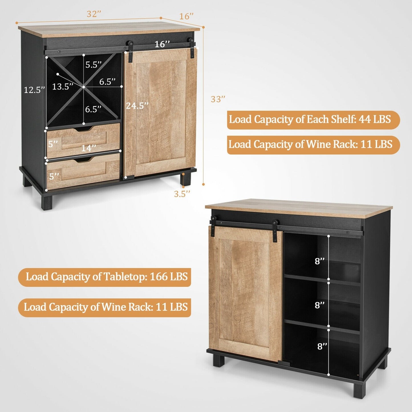 Kitchen Buffet Sideboard with Sliding Barn Door 2 Drawers and Wine Rack, Natural Sideboards Cabinets & Buffets   at Gallery Canada