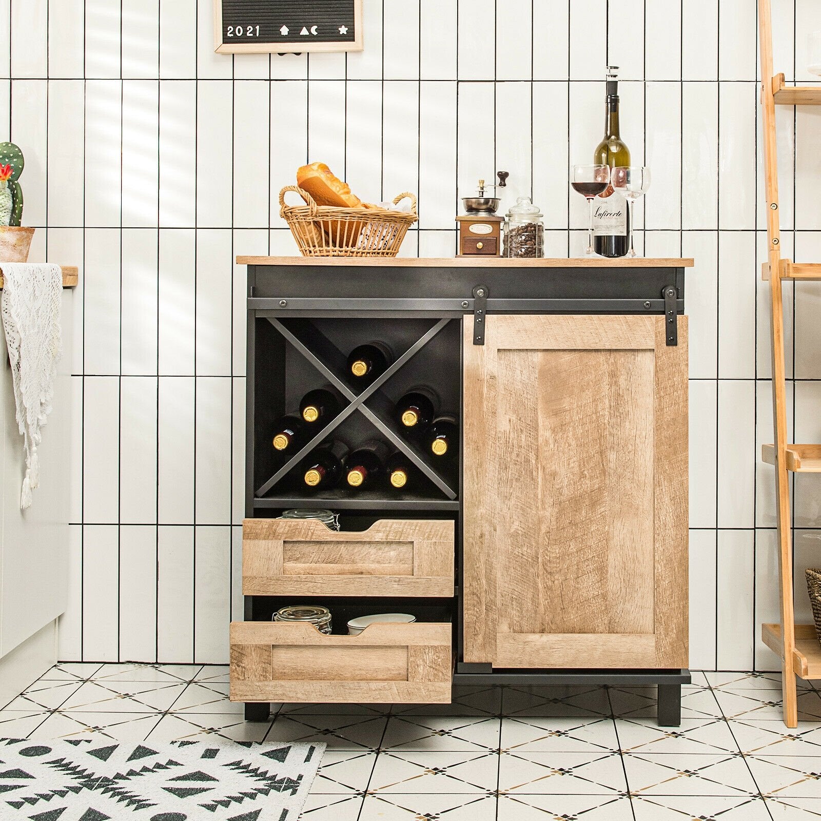 Kitchen Buffet Sideboard with Sliding Barn Door 2 Drawers and Wine Rack, Natural Sideboards Cabinets & Buffets   at Gallery Canada