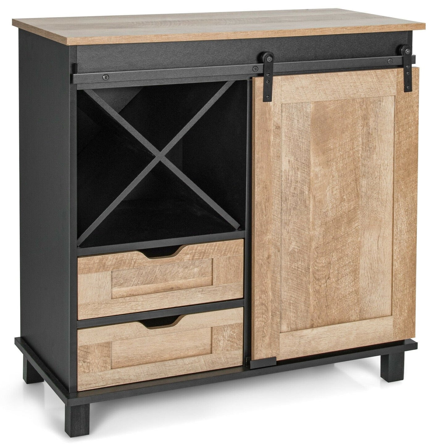 Kitchen Buffet Sideboard with Sliding Barn Door 2 Drawers and Wine Rack, Natural Sideboards Cabinets & Buffets   at Gallery Canada