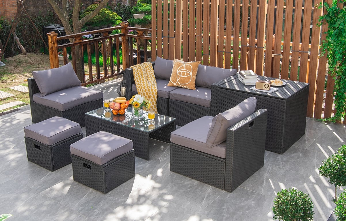 8 Pieces Patio Rattan Storage Table Furniture Set, Gray Outdoor Sectionals   at Gallery Canada