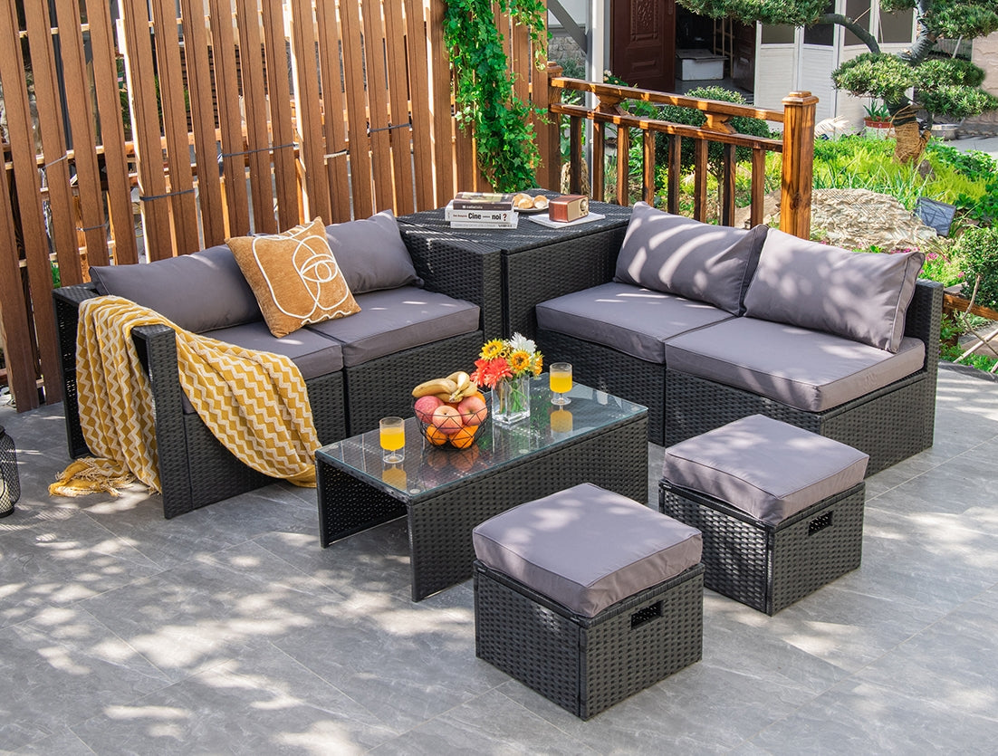 8 Pieces Patio Rattan Storage Table Furniture Set, Gray Outdoor Sectionals   at Gallery Canada