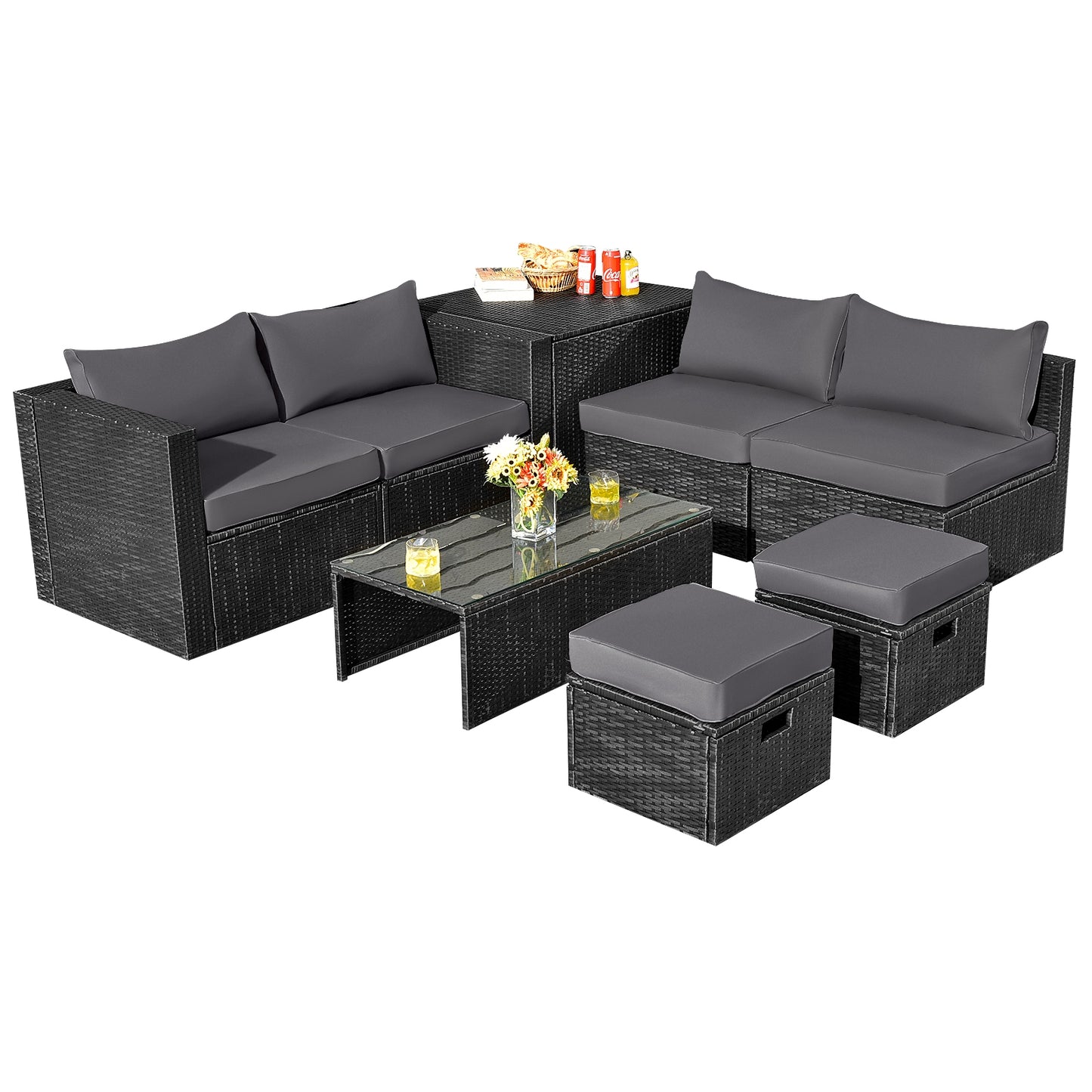 8 Pieces Patio Rattan Storage Table Furniture Set, Gray Outdoor Sectionals Gray  at Gallery Canada