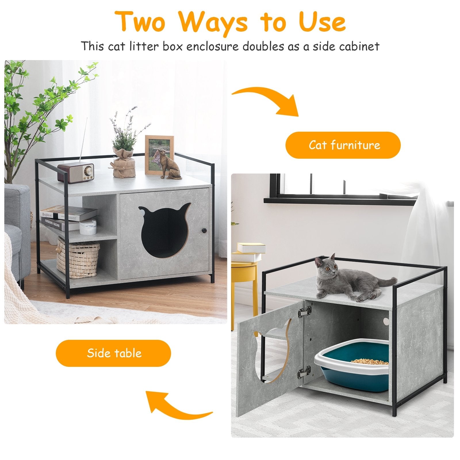 Enclosure Hidden Litter Furniture Cabinet with 2-Tier Storage Shelf, Gray Cat Houses   at Gallery Canada