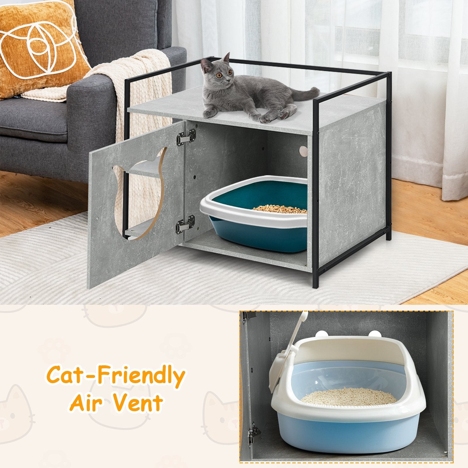 Enclosure Hidden Litter Furniture Cabinet with 2-Tier Storage Shelf, Gray Cat Houses   at Gallery Canada