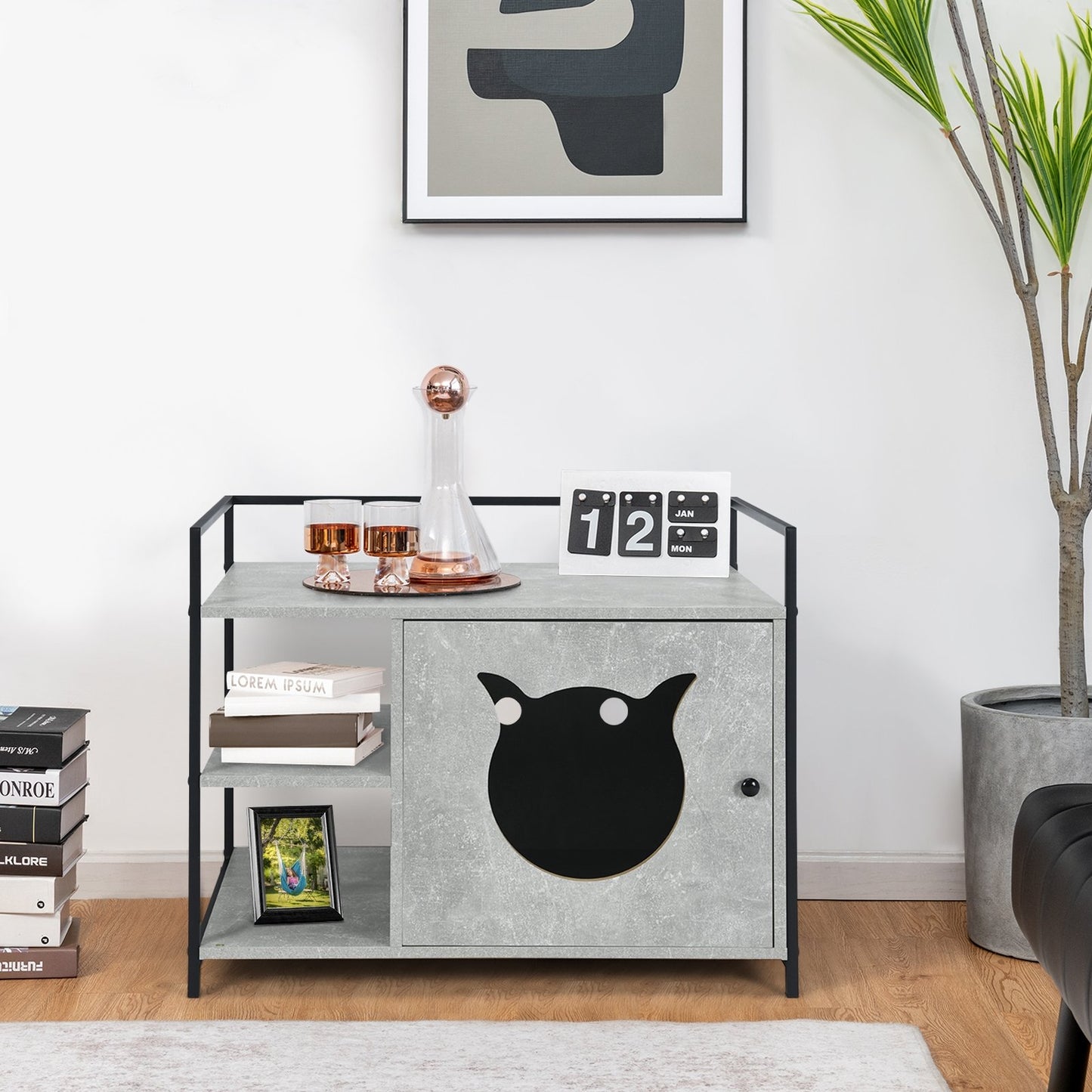 Enclosure Hidden Litter Furniture Cabinet with 2-Tier Storage Shelf, Gray Cat Houses   at Gallery Canada