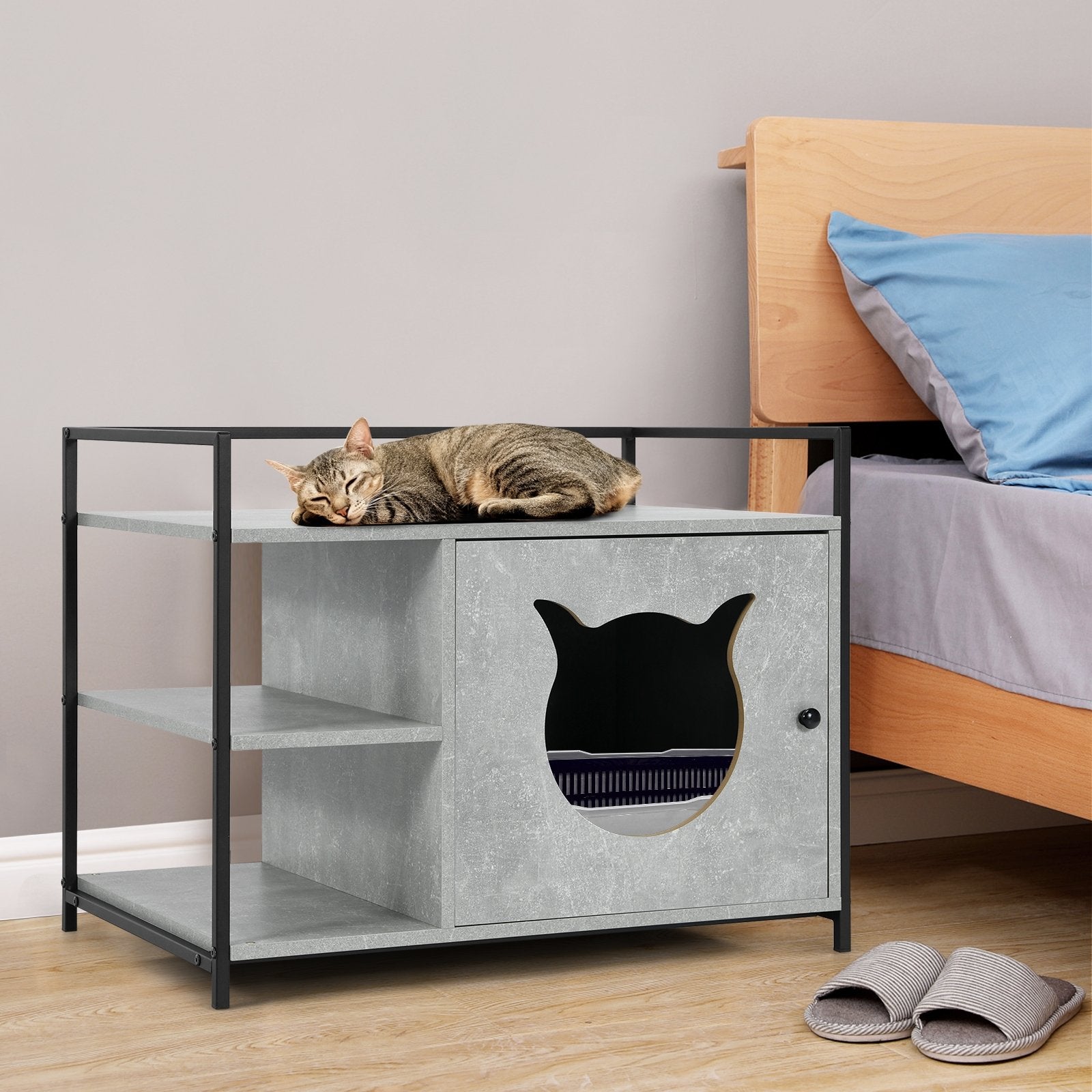 Enclosure Hidden Litter Furniture Cabinet with 2-Tier Storage Shelf, Gray Cat Houses   at Gallery Canada