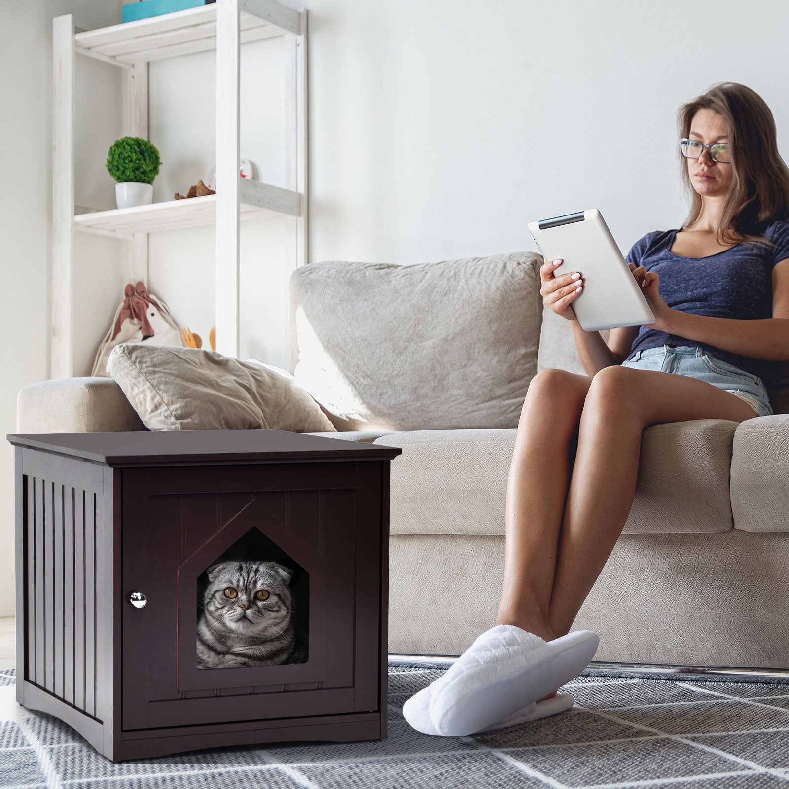 Sidetable Nightstand Weatherproof Multi-function Cat House, Brown Cat Houses at Gallery Canada