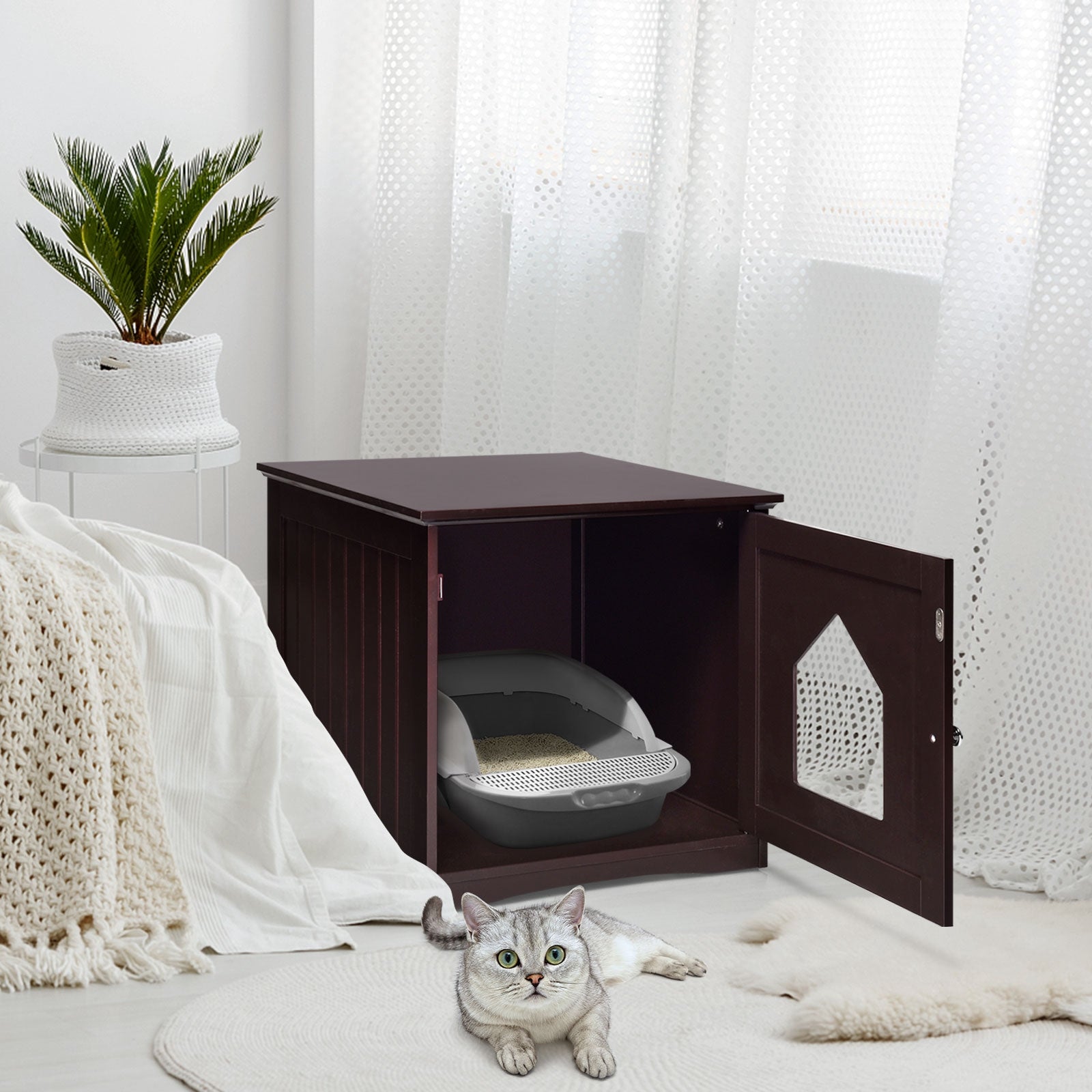 Sidetable Nightstand Weatherproof Multi-function Cat House, Brown Cat Houses at Gallery Canada